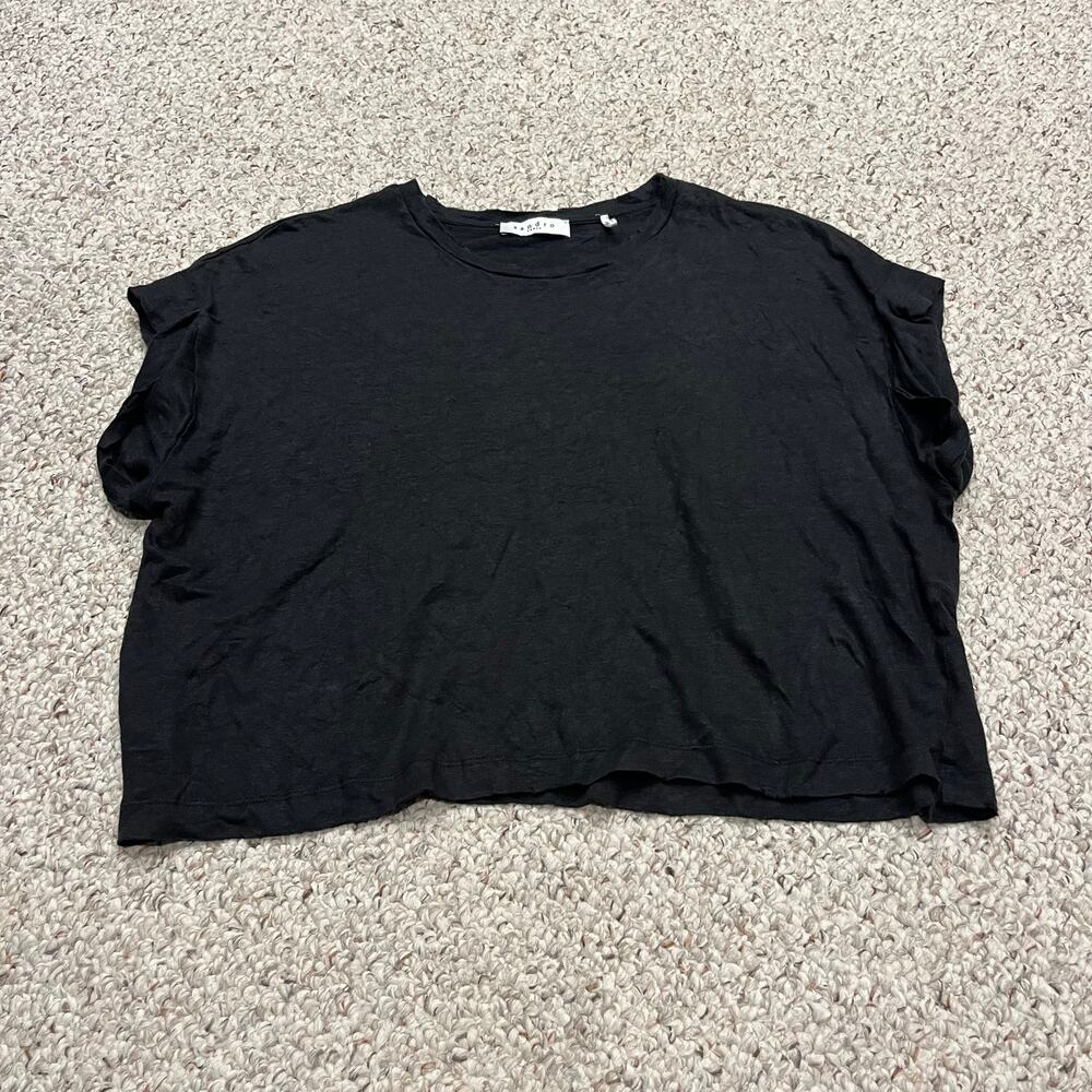 Sandro Boxy Short Sleeve Linen Top Sz 3 US 8 Black Lagenlook Coastal Classic